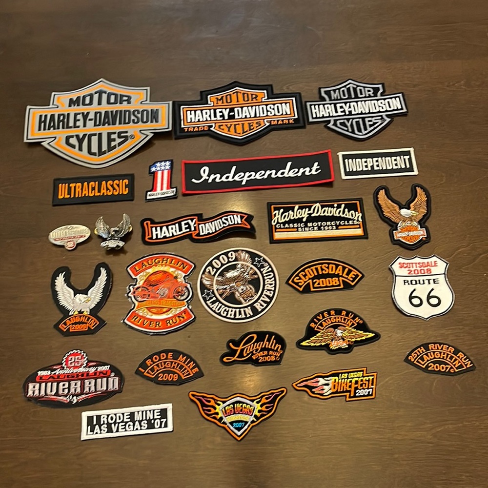 Various Harley Davidson patches (various sizes from 8.5” and smaller)